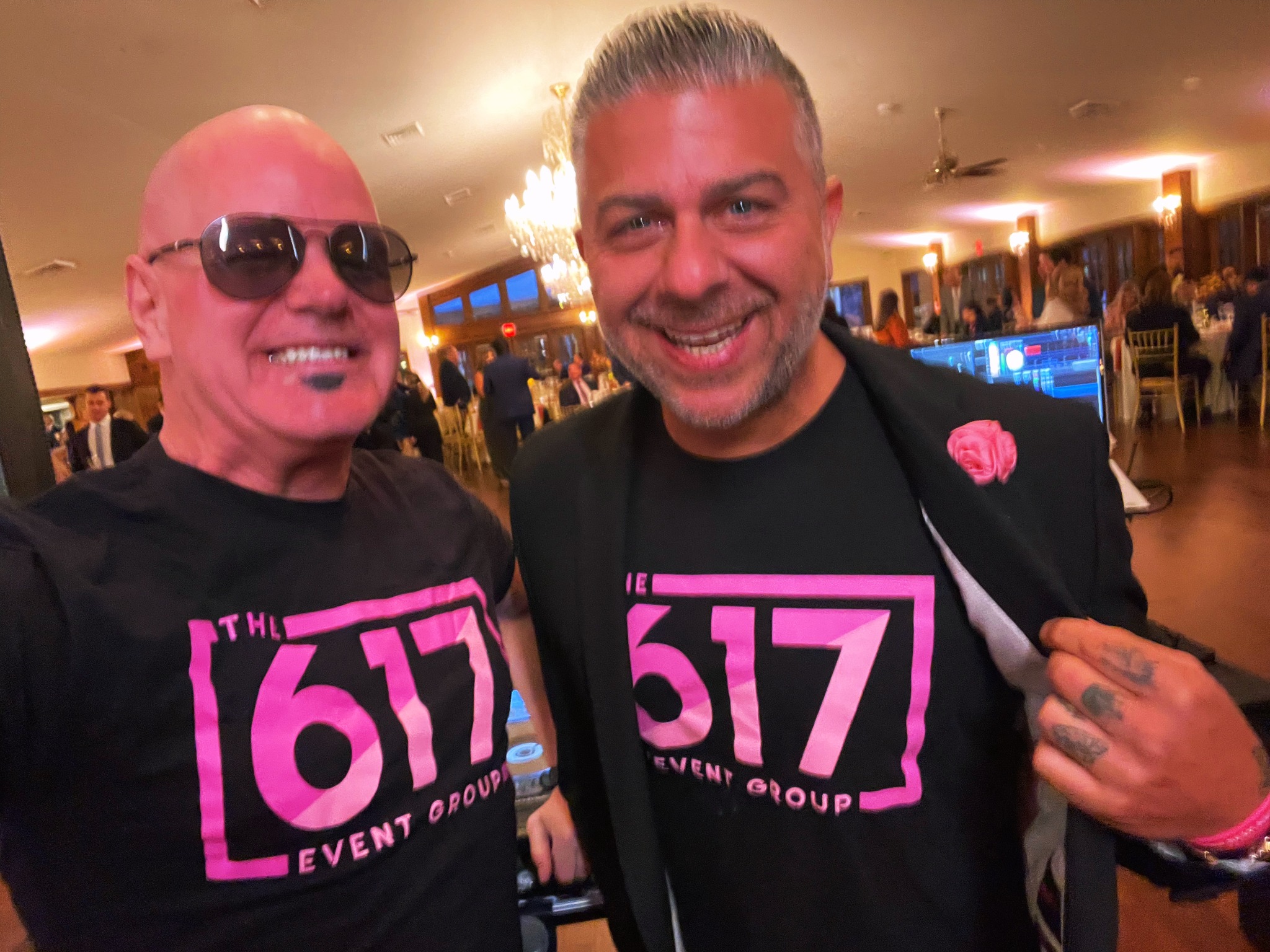 Mashup Charlie and Jimmie wearing pink 617 Event Group shirts